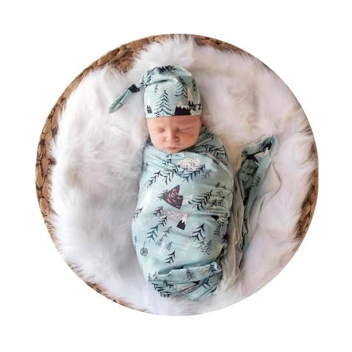Bellasignoro Newborn Receiving Blanket Swaddle Blanket Hat Set for Baby Snug Wrap (Mountain&Tree)