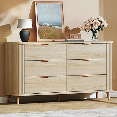 6 Drawer Dresser for Bedroom, Mid Century Modern Dresser with Curved Profile & Fluted Design, Wide Wood Chests of Drawers Storage for Bedroom, Entryway, Hallway, Oak