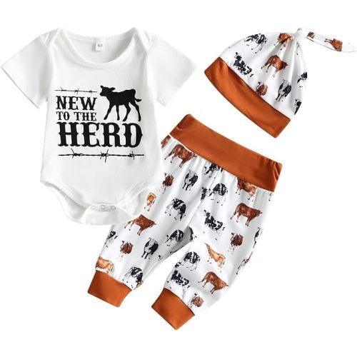 Kayotuas Newborn Baby Boy Girl Clothes Cute Romper Bodysuit and Pants with Hat Western/Ocean 3 Piece Coming Home Outfits