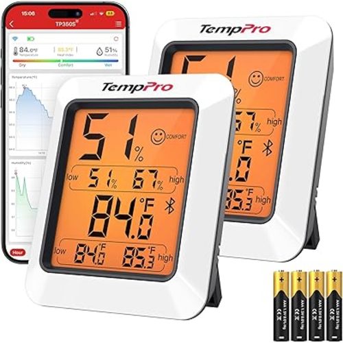 TempPro Hygrometer Thermometer for House, Bluetooth Room Indoor Greenhouse Thermometer Monitor Up to 260FT, Backlit Humidity Meter Temperature Sensor with 2-Year Data Export,2 PS(Previously ThermoPro)