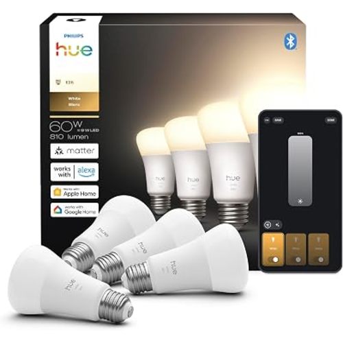 Philips Hue Smart LED A19 Bulb 4-Pack, Warm White Light 2700K, E26 Base, 9W, 810 Lumens, Dimmable LED Bulbs, Works with Alexa, Google Assistant, and Apple Home