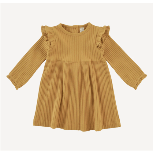 long sleeve double ruffle dress | honey mustard | organic cotton wide rib