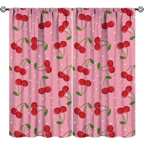 Pink Cherry Curtains,for Kids Boys Girls Cute Cherry Fruit Leaves Pattern Drapes Window 2 Panel Rod Pocket Curtain for Bedroom Living Room Decor 20.5" W X 45" L 30%