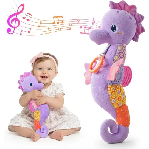 Baby Toys 0-6 Months,Infant Musical Seahorse Stuffed Animals Sensory Toys with Bright Colors,Multiple Textures,Rattles & Crinkle Sound Paper,Tummy Time Toy for Newborn Boys Girls 0-12 Months-Purple
