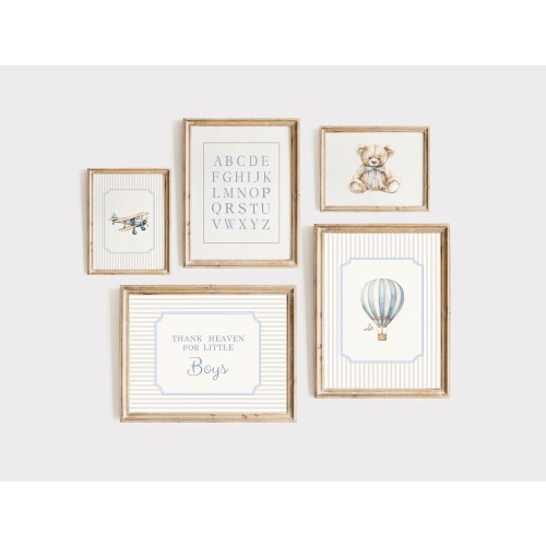 Blue Nursery Wall Art Set, Neutral Little Boy Room Decor, Blue and Beige Teddy Bear Airplane Hot Air Balloon Alphabet Prints