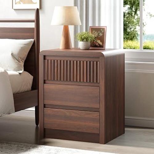 Fluted Nightstand with 3 Drawers, 20 Inch Wide Side Table with Storage, Mid Century Modern End Table with Curved Profile Design, Wood Bed Side Tables for Bedroom, Living Room, Walnut