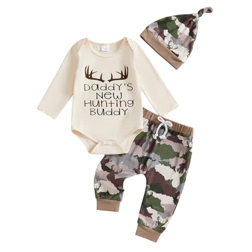 Kavousa Newborn Baby Boy Hunting Clothes Long Sleeve Romper Camouflage Pant Set Beanie Hat 3 Piece Outfit