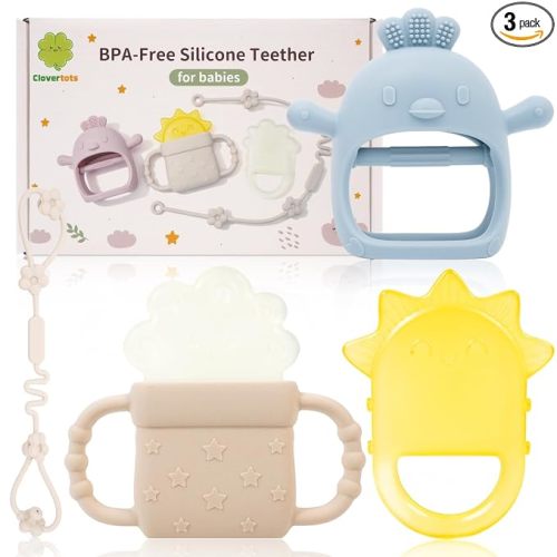Newborn Gift Set, Silicone Teething Toys – Chick Hand Teether, Freezable Water-Filled Sun & Cloud Teethers, Soothing Sore Gums Teether with Anti-Drop Clip for Baby Boys Girls 0-12 Months - Blue