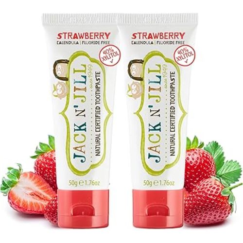 Jack N' Jill Natural Toothpaste for Baby and Infants - Fluoride Free Training Toothpaste, 40% Xylitol, BPA Free - Strawberry, 1.76 oz (Pack of 2)