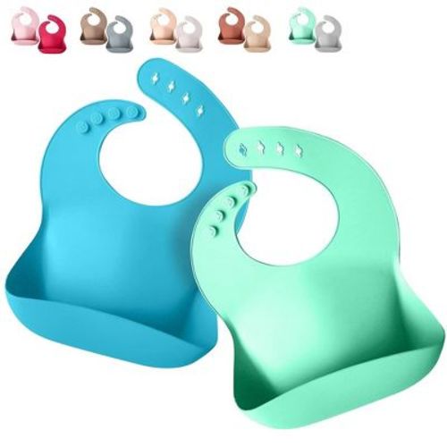 Sperric Silicone Baby Bibs - Soft Silicone Bib with Food Catcher and Waterproof Material - Adjustable Fit for Baby and Toddler (Green/Blue)