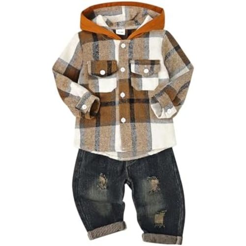 Toddler Baby Boy Fall Winter Clothes Long Sleeve Plaid Hooded Sweatshirt Ripped Holes Jeans Set 1-5 Years Old