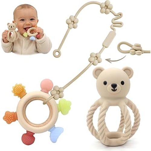 Baby Teething Rattle Toy, 3-in-1 Silicone Teether, Infant Sensory Toys