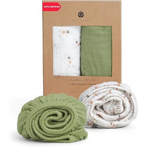 Salt Earth 100% Organic Cotton Muslin Standard Fitted Crib Sheet, 52"x28", 2 Pack Soft Breathable Natural Cotton Sheets Baby Mattress Bed Sheets, No Slip Neutral Baby Crib Sheet (Green & Star)