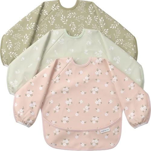 3 Pack Long Sleeve baby Bibs for Eating, Waterproof Smock Bib