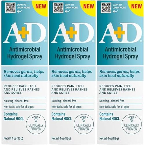 A+D Hydrogel Spray – With Hypochlorous Acid, Helps Heal Rashes & Irritations, Reduces itch & pain, Alcohol-Free, Non-Sting Formula, Safe for All Ages, 4oz 3 Pack
