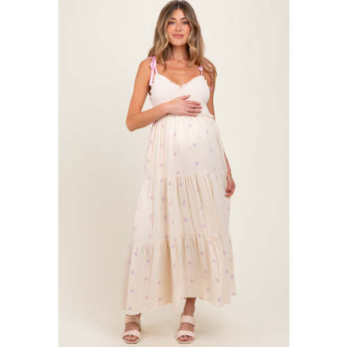 Cream Embroidered Smocked Shoulder Tie Maternity Maxi Dress