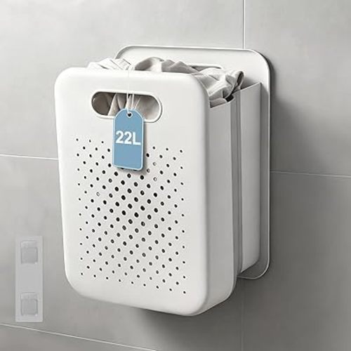 Small Collapsible Laundry Basket, Space-Saving Wall-Mounted Hamper, Detachable Hanging Organizer for Clothes, Underwear, Socks, Measures 11.8" x 8" x 14.7" In (White)