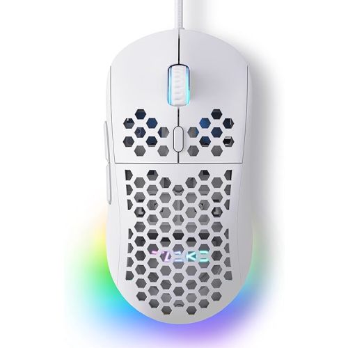 TMKB Falcon M1SE Ultralight Honeycomb Gaming Mouse, High-Precision 12800DPI Optical Sensor, 6 Programmable Buttons, Customizable RGB, Drag-Free Paracord, Ergonomic, Wired - Matte White
