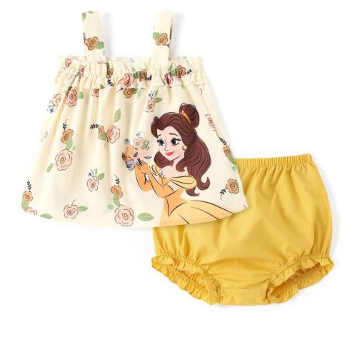 2 PCS Disney Princess Baby Ariel/Cinderella Floral Ruffled Smocked Sleeveless Top And Bloomer Shorts Outfit Set