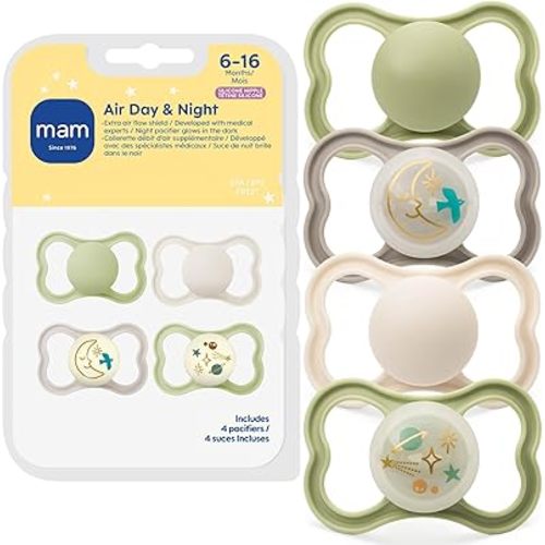 MAM Air Pacifier for Babies 6-16 Months, Extra Air Flow for Sensitive Skin, Glows in The Dark, Developed with Medical Experts, BPA-Free Skin Soft Silicone, 4 Count, Made in Europe