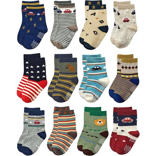RATIVE Non Skid Anti Slip Cotton Crew Baby Babies Infant Infants Socks for Boy Boys 3 4 0-3 3-6 Month Months Old With Walker Grip Grippers (0-6 Months,12-pairs/RB-71215)