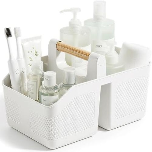 rejomiik Shower Caddy Portable with Bamboo Handle, Plastic Basket Cleaning Caddy Organizer Storage Tote for Bathroom, College, Dorm Room Essentials, White