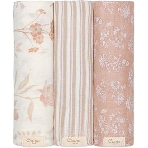Crane Baby Wildflower 100% Cotton Muslin Swaddle Blankets, Set of 3, Baby Girl Swaddle Blanket, Lightweight Newborn Swaddles, Receiving Blankets for Girls, Baby Girl Blanket, Pink Nursery Decor
