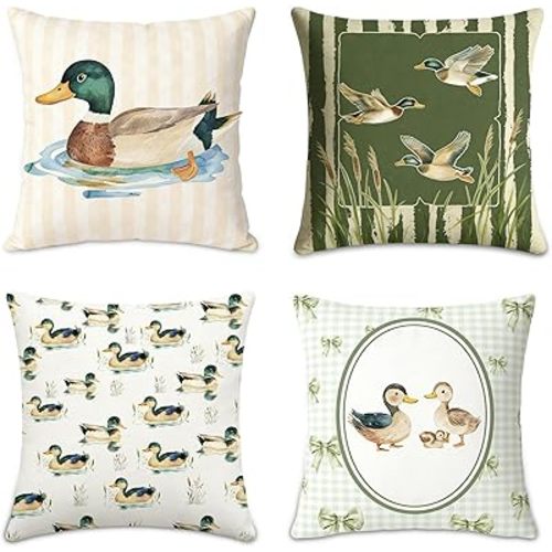 4 Pack Mallard Duck Pillow Cover - Mallard Duck Decor Farmhouse Rustic Hunting Pillow Cover Decor for Nursery Living Room Bedroom Sofa Cottage Home Hunting Gifts