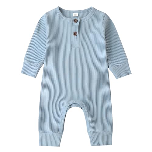 NUDIUOO Newborn Baby Boy Girl Romper Infant Long Sleeve Solid Ribbed Button Clothes Bodysuit Jumpsuit