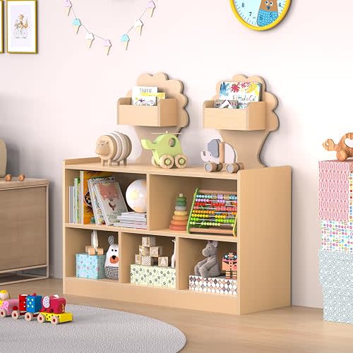 Montessori Bookshelf, Wooden Kids Storage Shelf, 7 Compartments Organizer