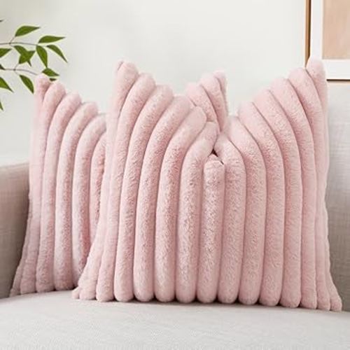 decorUhome Faux Fur Throw Pillow Covers 18x18 Set of 2, Decorative Soft Plush Striped Couch Pillow Covers with Velvet Back for Sofa, Bed, Living Room, Pink