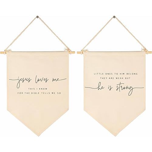 Jesus Loves Me-Scripture Flag Sign Gift for Baby Newborn Boys Girls Kids-Christian Bible Verses,Canvas Hanging Banner Pennant Wall Gift for Nursery Baby Room Playroom -for This Child-Set of 2