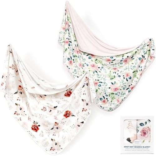 GRSSDER Baby Blankets Super Soft Jersey Knit Swaddle Blanket 2 Pack for Baby Girls and Boys, Double Layer Receiving Blankets 34 x 44 Inches Extra Large for Baby Show Gift, Orange & Pink Rose
