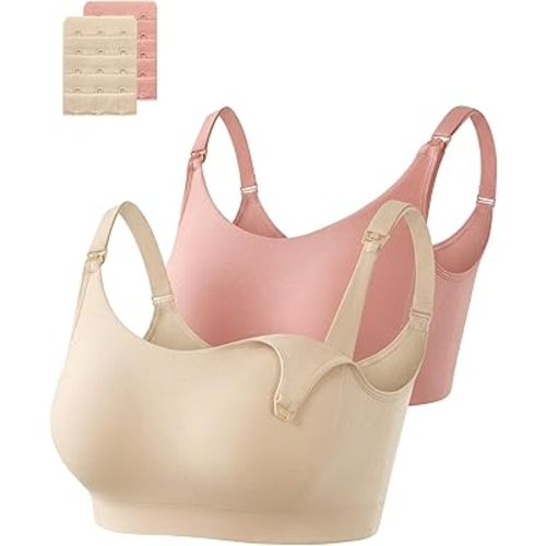OUGES Women's Cotton 2 Pack Maternity Nursing Bras Breastfeeding Seamless Wireless Sleep Bralette with Extra Extenders