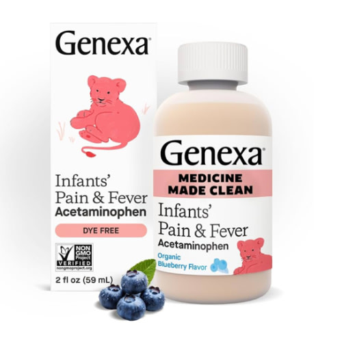 Genexa Infants' Clean Acetaminophen | Pediatrician Preferred Ingredients | Pain Reliever & Fever Reducer for Babies | Dye Free, 0% Artificial Additives | Delicious Organic Blueberry Flavor, 2 fl oz