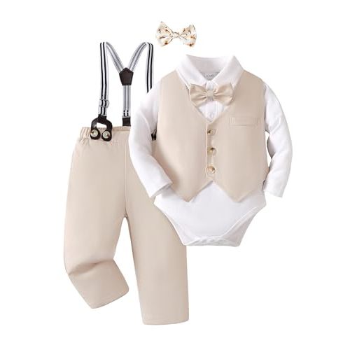 NZRVAWS Newborn Baby Boy Clothes Suit Tuxedo Baptism Outfit Christening Top+Suspenders Pants+Vest+Bow Tie 5PCS 0-24 Months