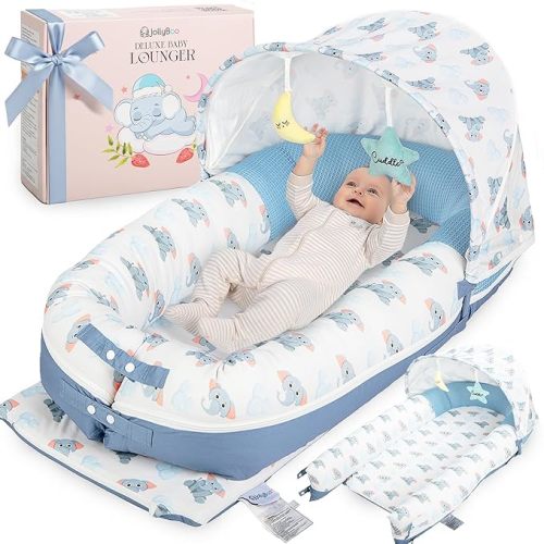 Deluxe Infant Support Cushion 0-24 Months - 70% Rayon Derived from Bamboo 30% Cotton Machine-Washable Cover, Foldable Sunshade, Baby Lounger for Newborn with Breathable Mesh (Blue Elephant)
