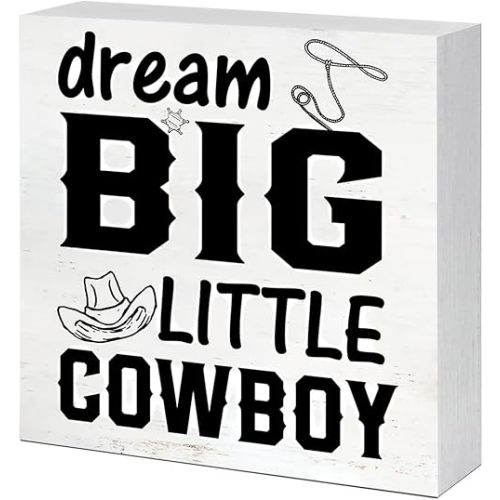 Dream Big Little Cowboy Wooden Box Sign - Rustic Wooden Box Signs for Farmhouse Western Theme Desk Decor, Home Nursery, and Kids' Room Shelf Art (5 x 5 Inches)