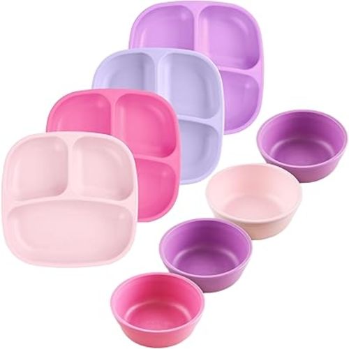Re-Play Dinnerware Set for Toddlers - Kids Dining Set of 4 Cereal/Snack Bowls and 4 Divided Compartment Plates - Dishwasher/Microwave Safe - Made in USA - Princess