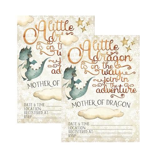 A Little Dragon Is On The Way Baby Shower Party Set Adventure Theme Invitations For The Mother Of Dragon - Includes 12 Invites and Envelopes (24 pc Bundle)