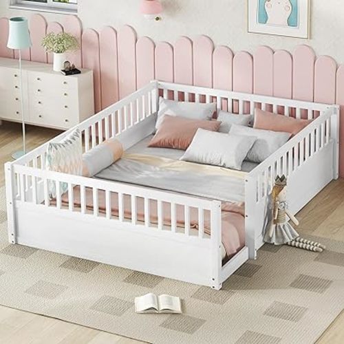 Bellemave Full Size Floor Bed with High Fence, Montessori Bed with Slats and Guardrails, Full Size Montessori Floor Beds Frame for Kids, Girls, Boys, White