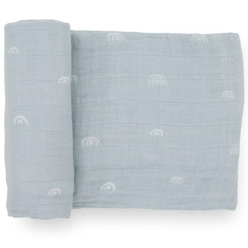 Little Unicorn Premium Cotton Swaddle Baby Blanket | Breathable Fabric | for swaddling, Play, Nursing & More (Blue Rainbow)