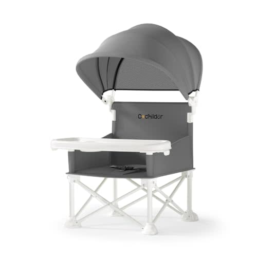 Cochildor 4-in-1 Portable Baby Chair, Foldable Toddler Booster Seat, Gray | Removable Tray & Sun Canopy, Adjustable 3-Point Safety Harness, Compact Carry Bag, Fits 6M - 3T