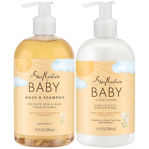 SheaMoisture Baby Essentials, Body Wash & Shampoo + Curls & Coils Conditioner, Detangler with Raw Shea, Chamomile & Argan Oil, Pediatrician-Tested, Hypoallergenic, Tear-Free, 13 Oz Ea