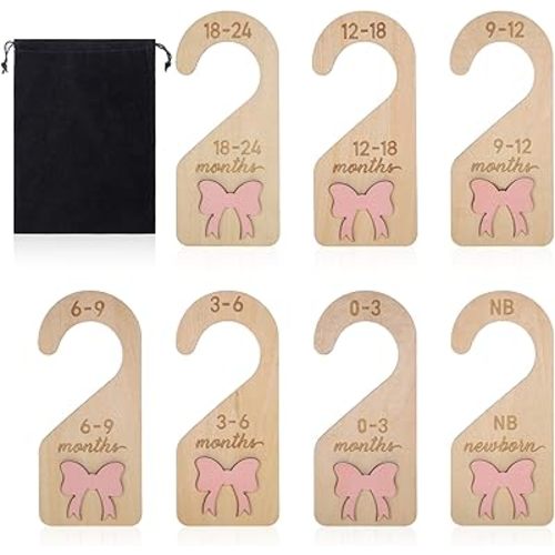 7PCS Wooden Baby Closet Dividers, 3D Pink Bow Baby Closet Organizer, Different Stages Newborn Clothes Size Hanger Dividers for Wardrobe, Nursery Birthday Gift (0-24 Months)