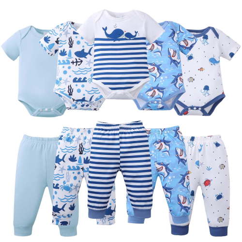 KIMI BEAR Newborn Baby Boys Layette Set 5 Packs 3-6 Months Shower Gift Sets Romper Top Pants Set Short Sleeves Tops Sharks Print Striped Outfits Clothing Summer Clothes Blue