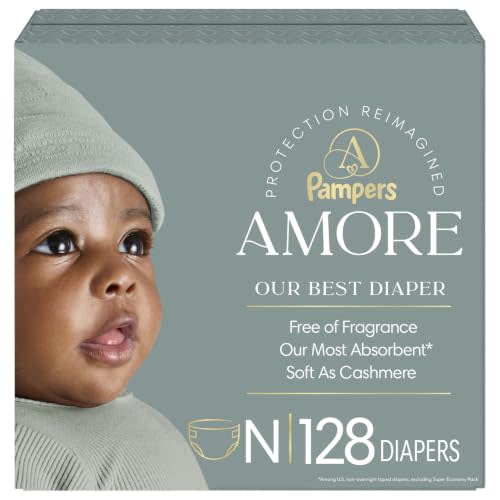 Pampers Amore, Size 0 (up to 10 lbs), 128 Count, Our Best Diaper – Hypoallergenic & Fragrance Free, Up to 100% Leakproof, Soft as Cashmere