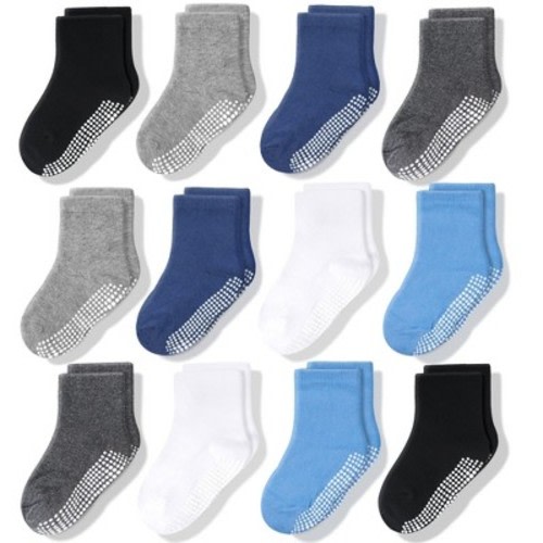 Cozyway Non-Slip Crew Grip Infant Socks, 12 Pack for Boys, Black/Blue/Light Blue/Gray, 6-12 Months