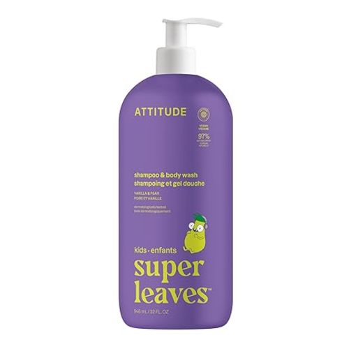 ATTITUDE Shampoo and Body Wash for Kids, EWG Verified Hair and Body Cleanser, Dermatologically Tested Soap, Plant and Mineral Based Bath Products, Vegan, Vanilla and Pear, 32 Fl Oz