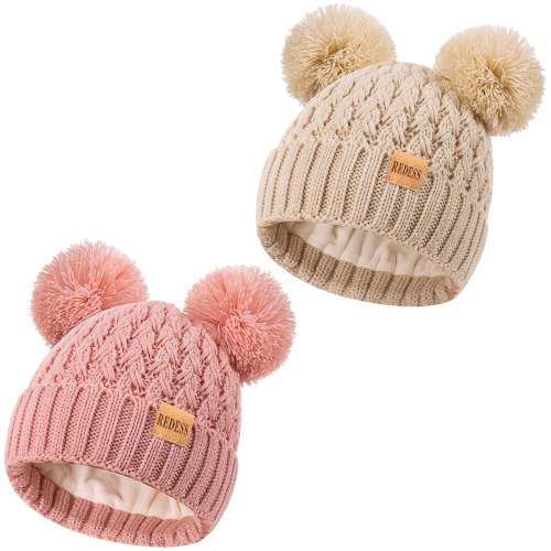 REDESS 2 Pcs Toddler Winter Pom Pom Beanie Hat for 0-3 Years Old Kid-Beige+Pink